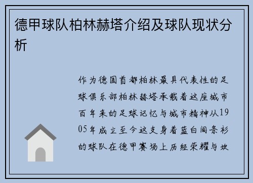 德甲球队柏林赫塔介绍及球队现状分析