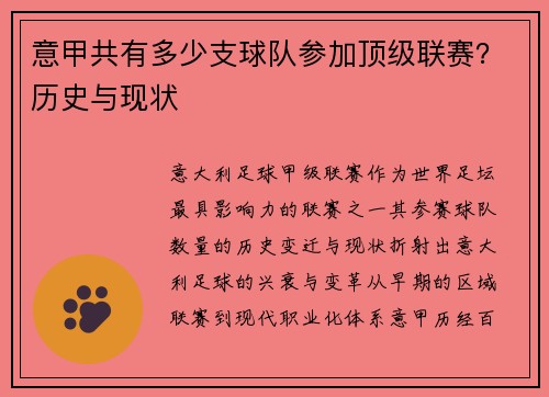 意甲共有多少支球队参加顶级联赛？历史与现状