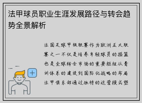 法甲球员职业生涯发展路径与转会趋势全景解析